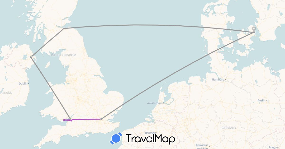 TravelMap itinerary: driving, plane, train in Denmark, United Kingdom (Europe)